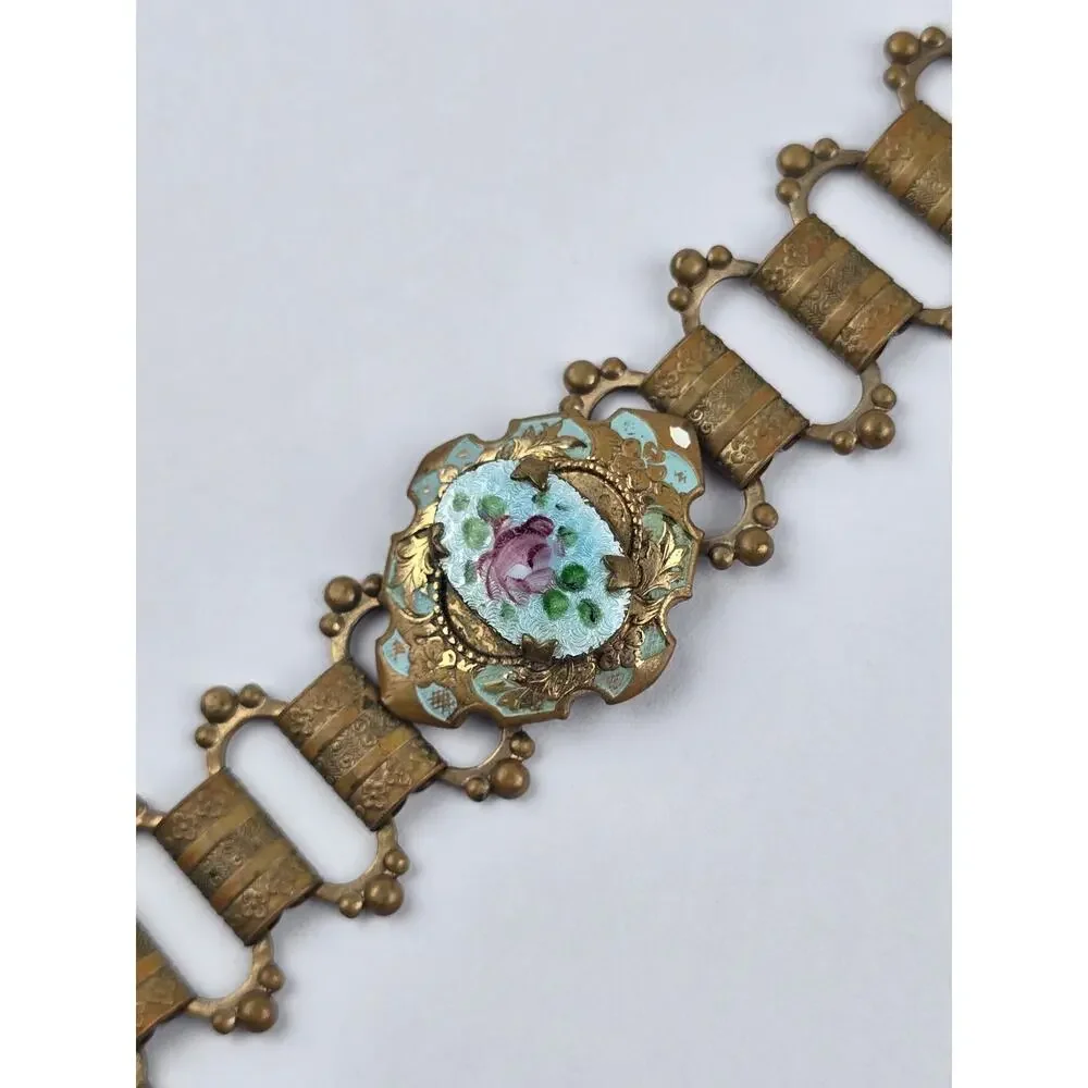 Edwardian vintage powder blue enamel floral metal link costume bracelet 7